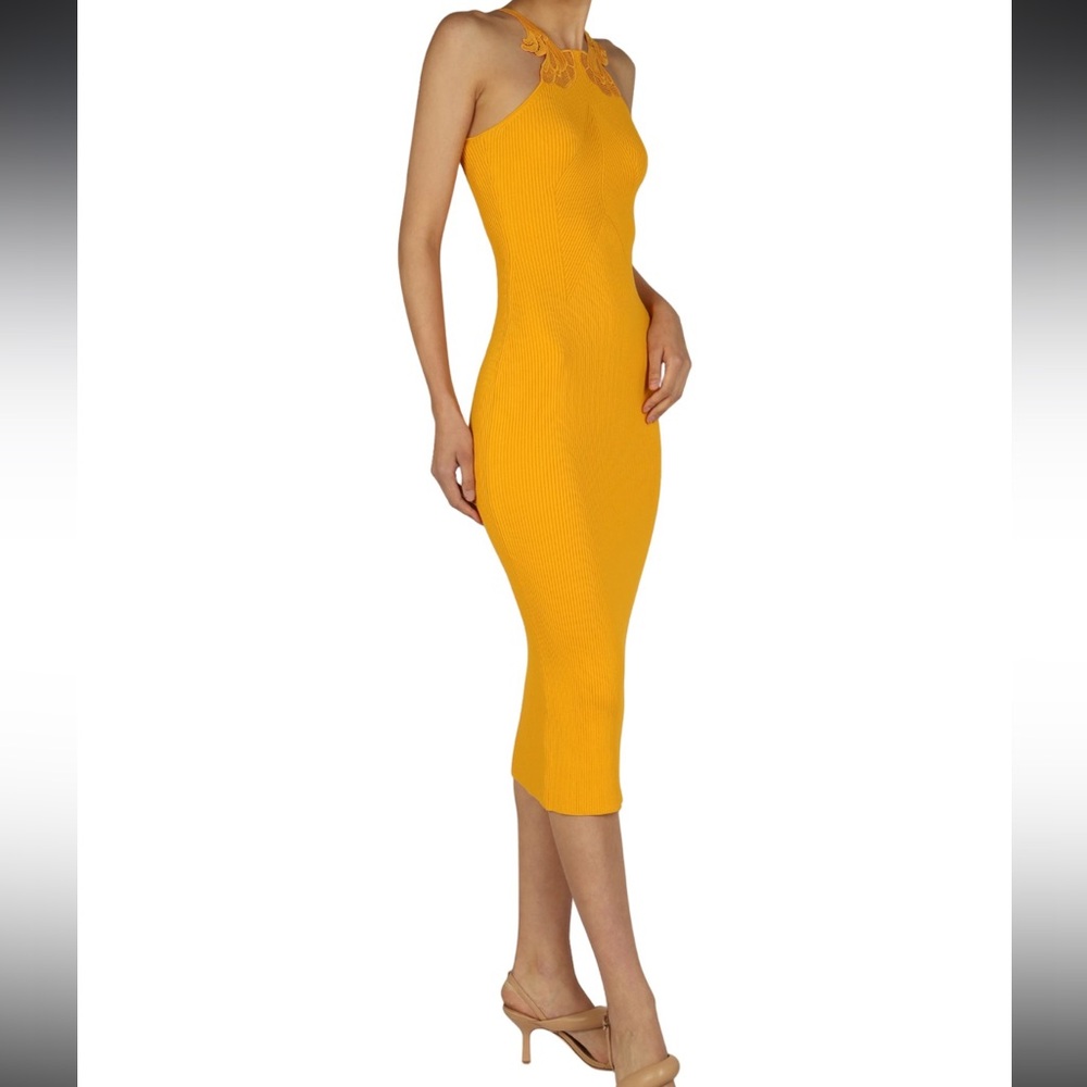 Self-Portrait Canary Yellow Ribbed Knit Bodycon Midi Dress With Lace Size Small